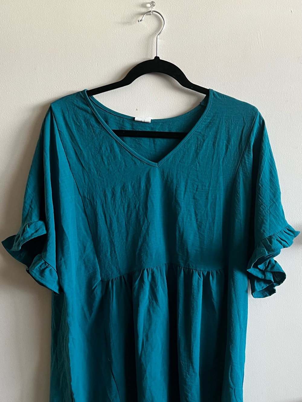 Teal V-Neck Ruffle Sleeve Blouse